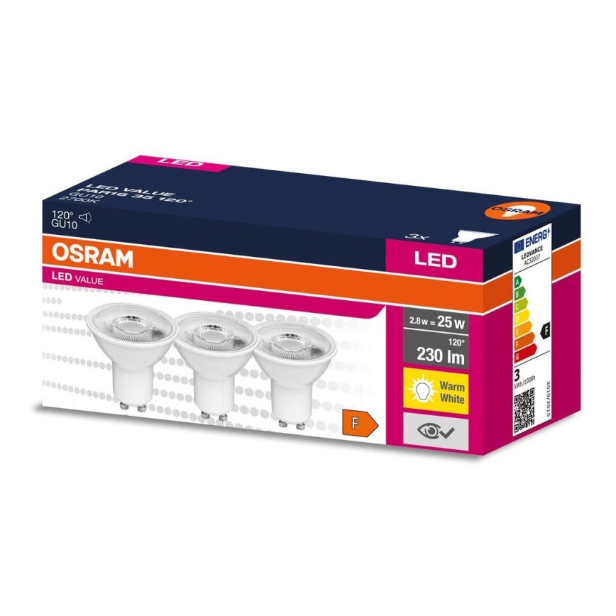 SÆT 3x LED-pære PAR16 GU10/2,8W/230V 2700K 120° - Osram