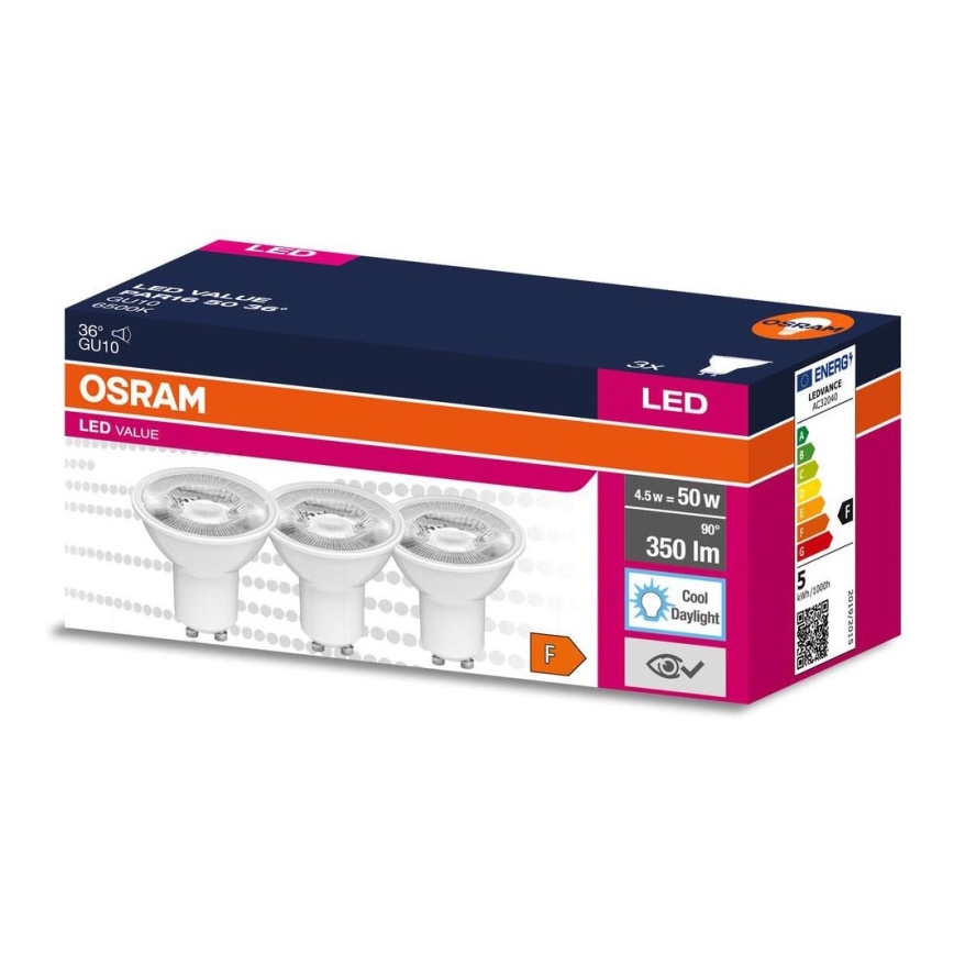 SÆT 3x LED-pære PAR16 GU10/4,5W/230V 6500K 36° - Osram