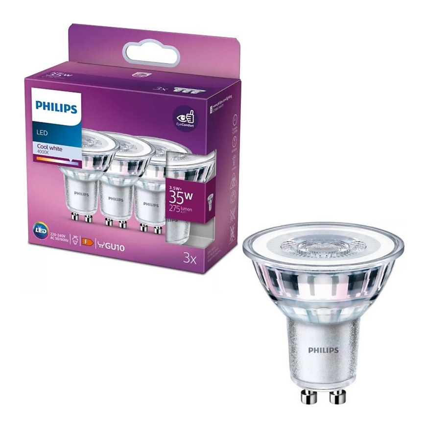 SÆT 3x LED-pære Philips PAR16 GU10/3,5W/230V 4000K