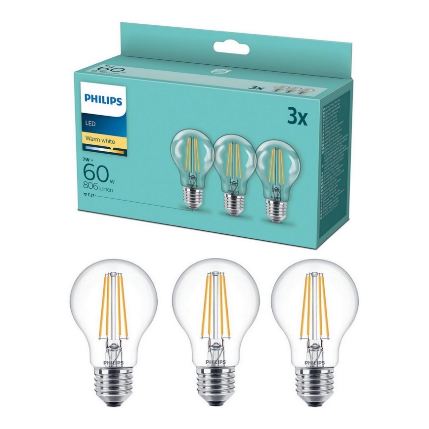 SÆT 3x LED-pærer VINTAGE Philips A60 E27/7W/230V 2.700K