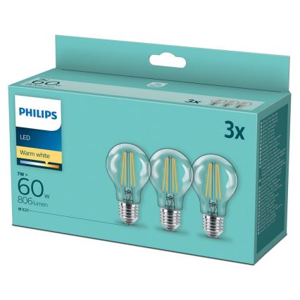 SÆT 3x LED-pærer VINTAGE Philips A60 E27/7W/230V 2.700K