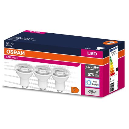 SÆT 3x LED reflektorpære PAR16 GU10/6,9W/230V 6500K 36° - Osram
