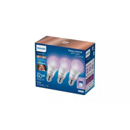 Sæt 3x Philips SMART A60 RGB LED dæmpbare pærer, E27/8,8W/230V, 2200-6500K