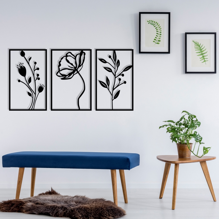 SÆT 3x Vægdekoration 78x39 cm blomster metal