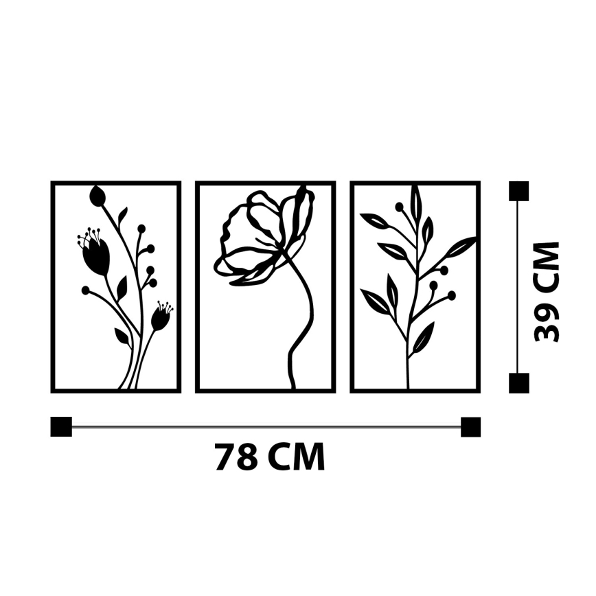 SÆT 3x Vægdekoration 78x39 cm blomster metal