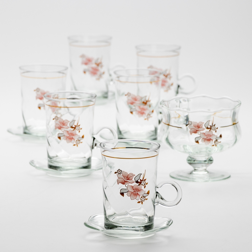 Sæt 6x glaskop med underkop og 1x sukkerskål transparent buket no. 2