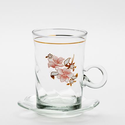 Sæt 6x glaskop med underkop og 1x sukkerskål transparent buket no. 2
