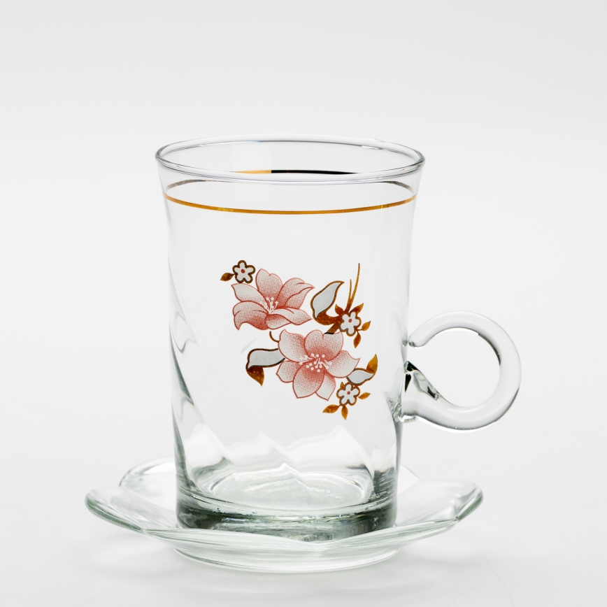 Sæt 6x glaskop med underkop og 1x sukkerskål transparent buket no. 2