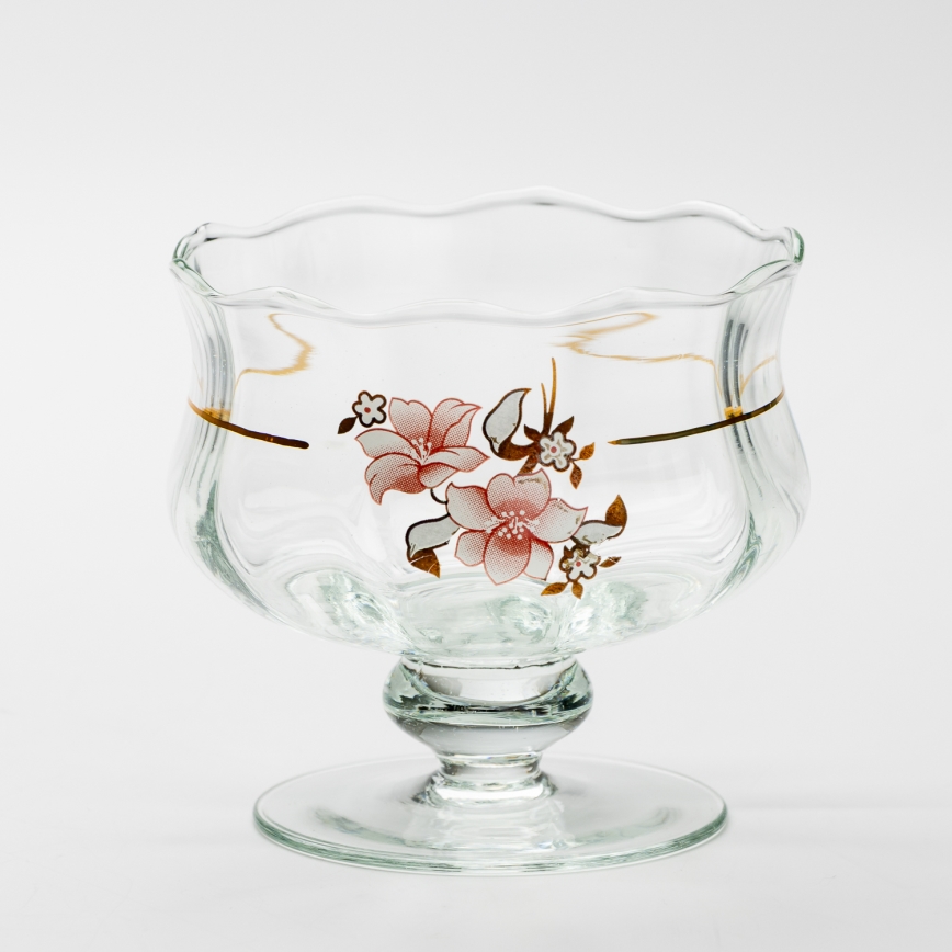 Sæt 6x glaskop med underkop og 1x sukkerskål transparent buket no. 2