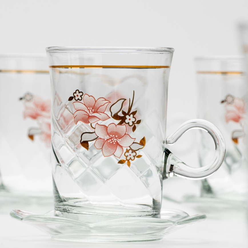 Sæt 6x glaskop med underkop og 1x sukkerskål transparent buket no. 2