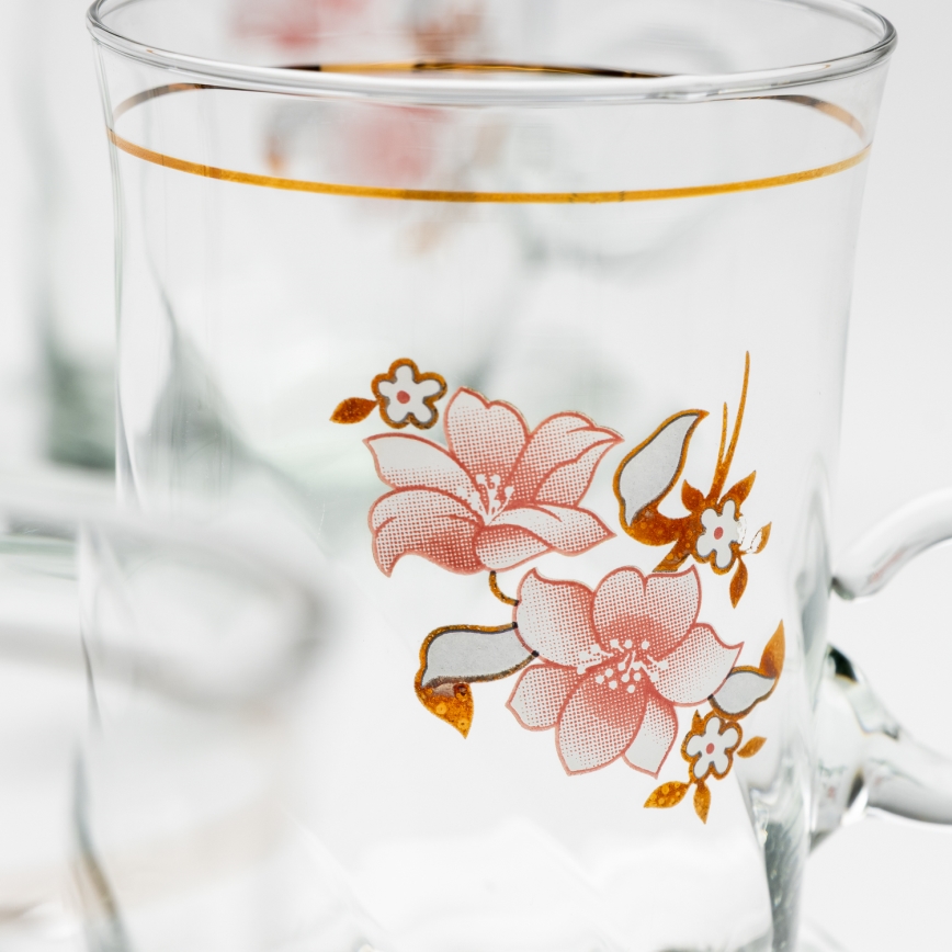 Sæt 6x glaskop med underkop og 1x sukkerskål transparent buket no. 2