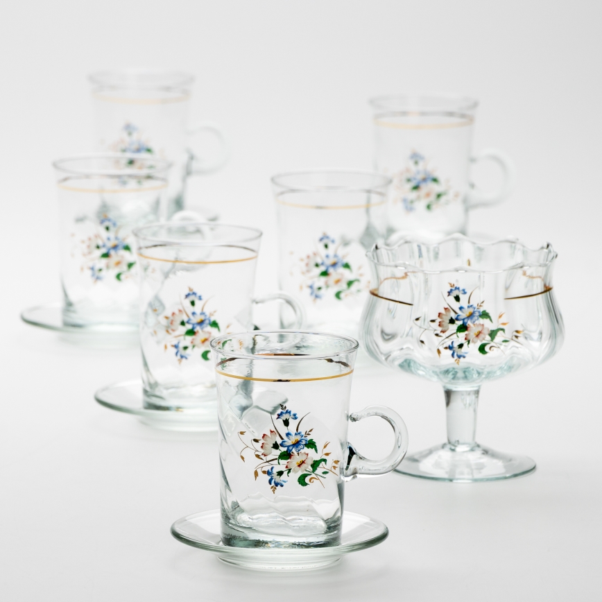 Sæt 6x glaskop med underkop og 1x sukkerskål transparent buket no. 3