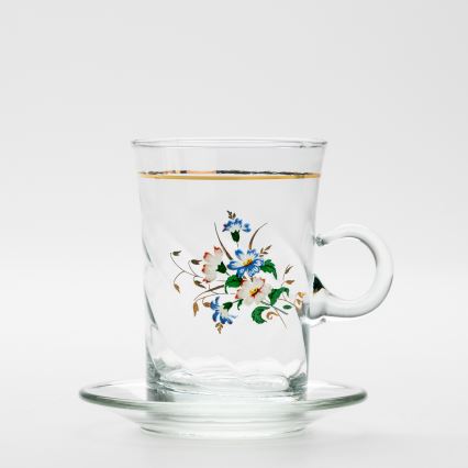 Sæt 6x glaskop med underkop og 1x sukkerskål transparent buket no. 3