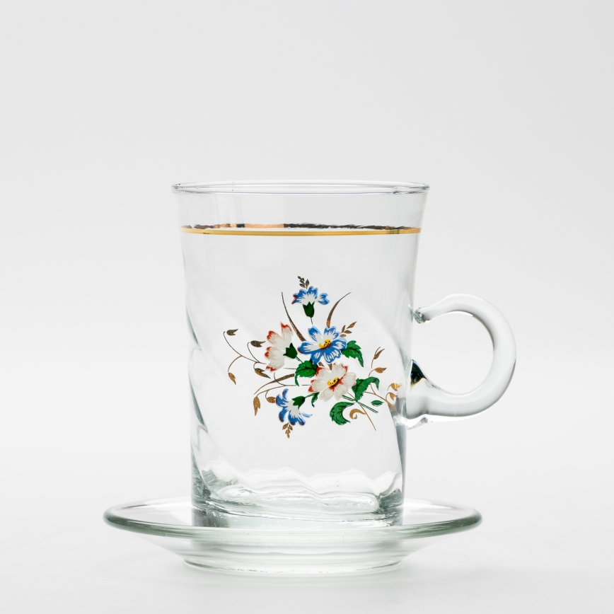 Sæt 6x glaskop med underkop og 1x sukkerskål transparent buket no. 3