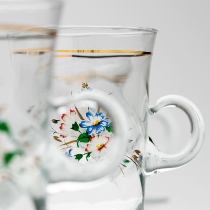 Sæt 6x glaskop med underkop og 1x sukkerskål transparent buket no. 3