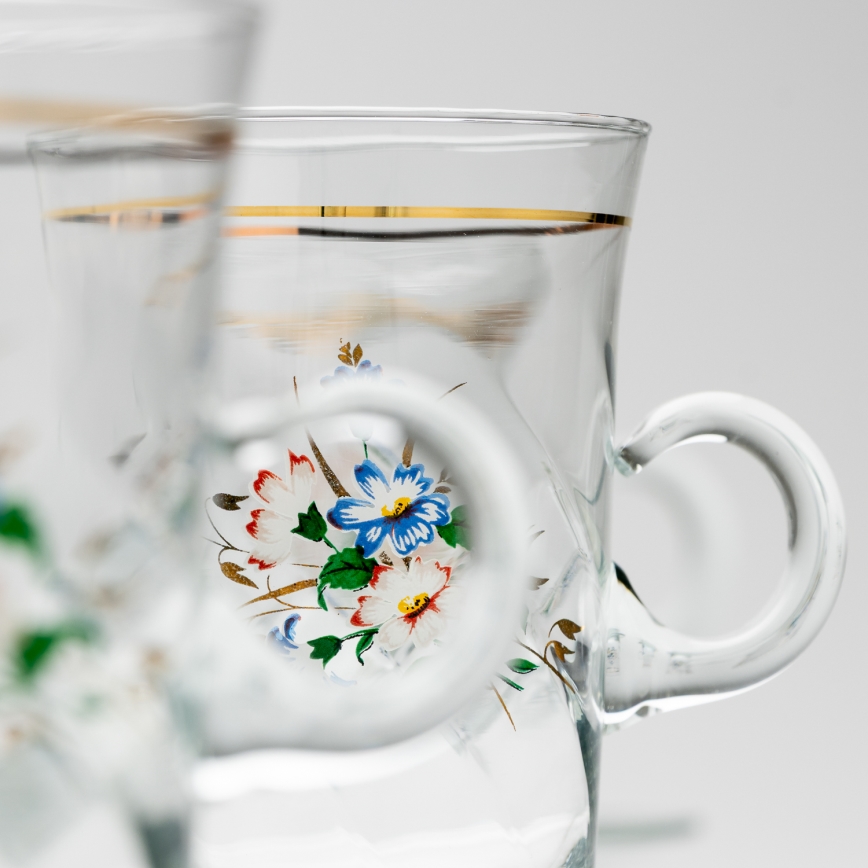 Sæt 6x glaskop med underkop og 1x sukkerskål transparent buket no. 3