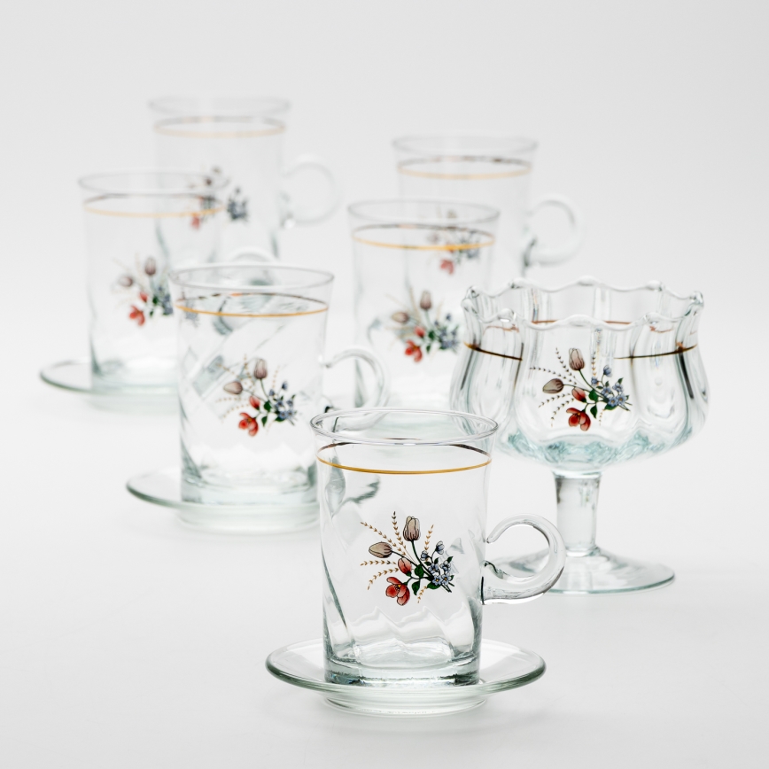 Sæt 6x glaskop med underkop og 1x sukkerskål transparent buket nr. 4