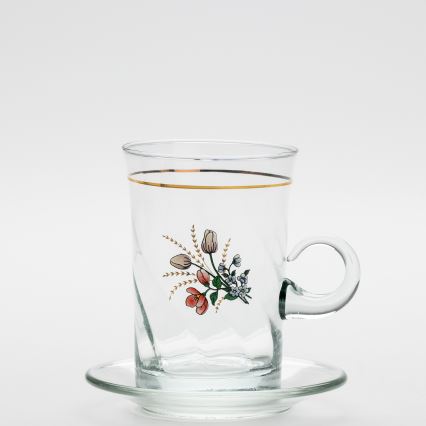 Sæt 6x glaskop med underkop og 1x sukkerskål transparent buket nr. 4
