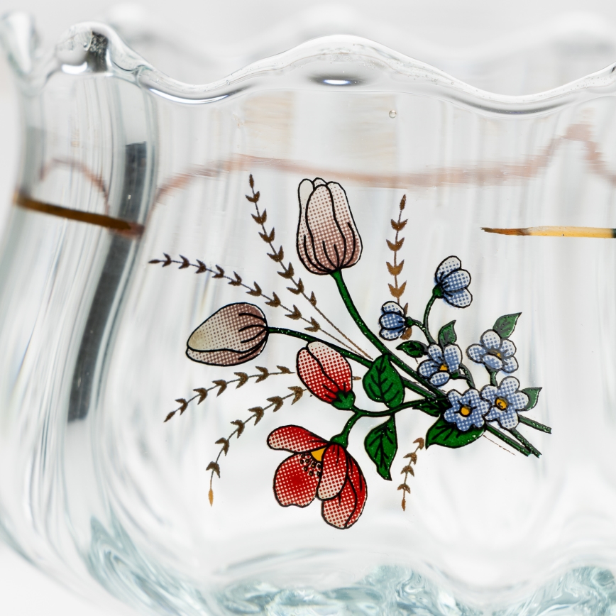 Sæt 6x glaskop med underkop og 1x sukkerskål transparent buket nr. 4