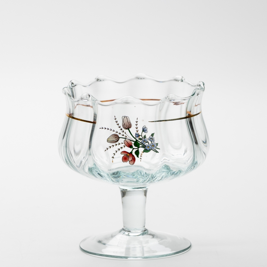 Sæt 6x glaskop med underkop og 1x sukkerskål transparent buket nr. 4