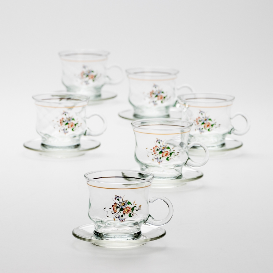 Sæt 6x glaskop med underkop transparent buket no. 2