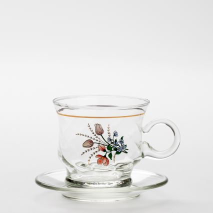 Sæt 6x glaskop med underkop transparent buket no. 3
