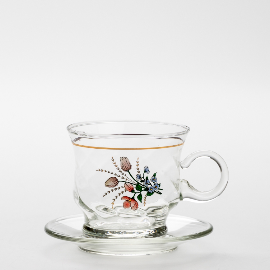 Sæt 6x glaskop med underkop transparent buket no. 3