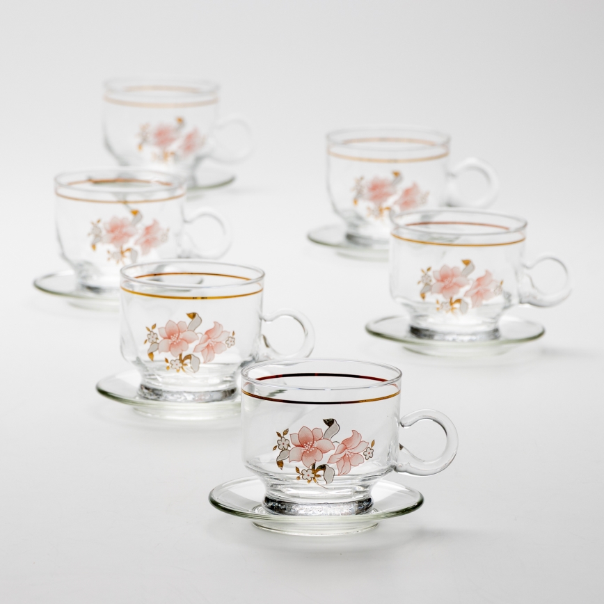 Sæt 6x glaskop med underkop transparent buket no. 6
