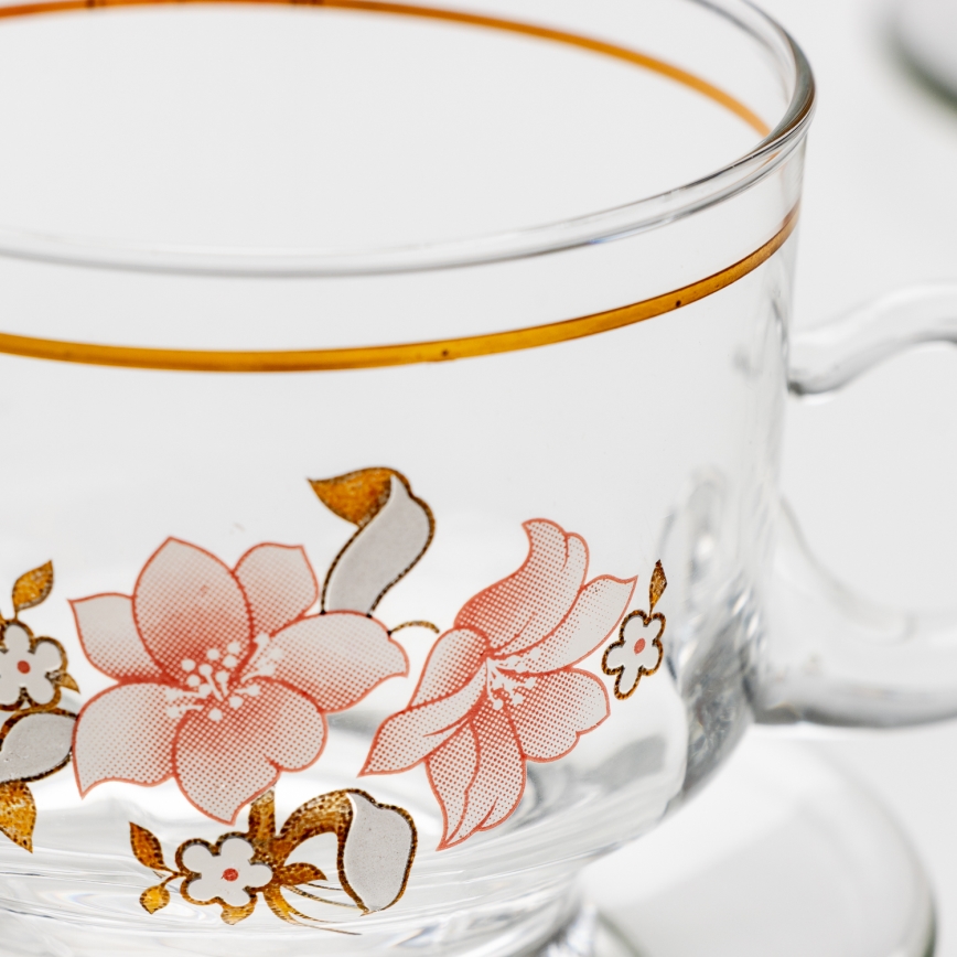 Sæt 6x glaskop med underkop transparent buket no. 6