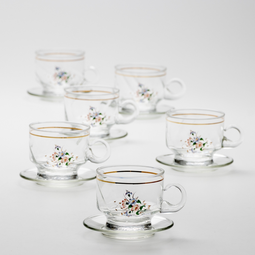 Sæt 6x glaskop med underkop transparent buket no. 8