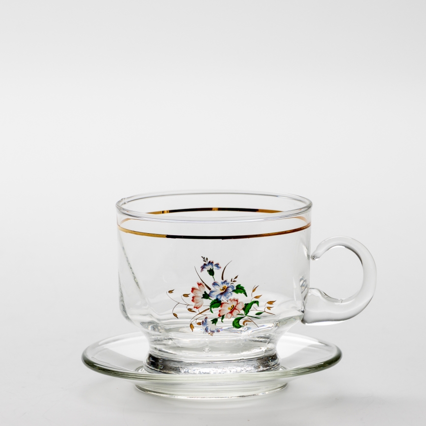 Sæt 6x glaskop med underkop transparent buket no. 8