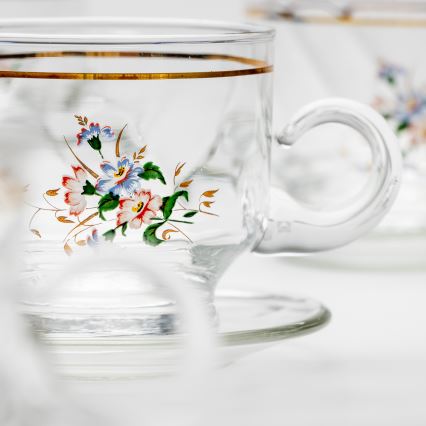 Sæt 6x glaskop med underkop transparent buket no. 8