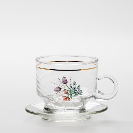 Sæt 6x glaskop med underkop transparent buket nr. 5