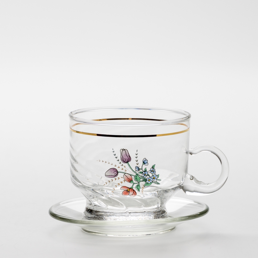 Sæt 6x glaskop med underkop transparent buket nr. 5