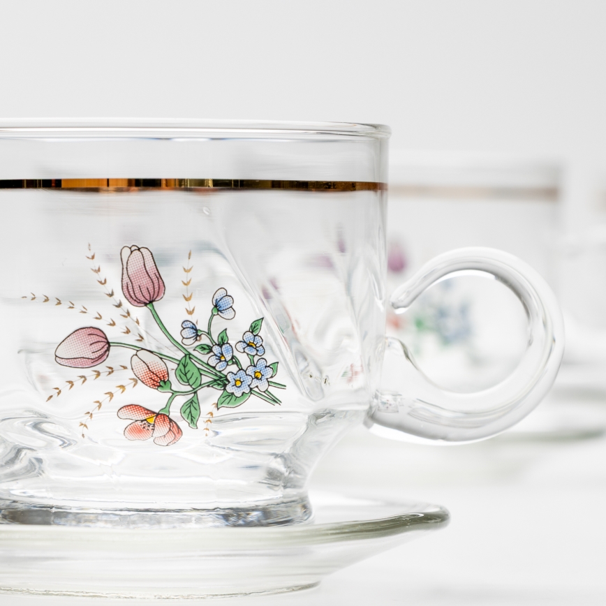 Sæt 6x glaskop med underkop transparent buket nr. 5