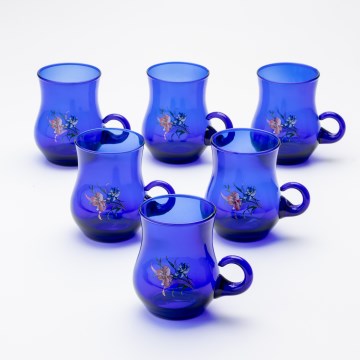 SÆT 6x Glaskrus med blå print - blomstermønster nr. 2