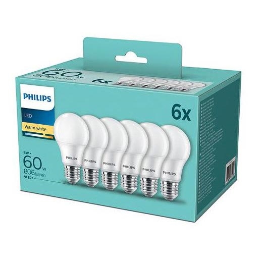 SÆT 6x LED-pærer Philips A60 E27/8W/230V 2.700K