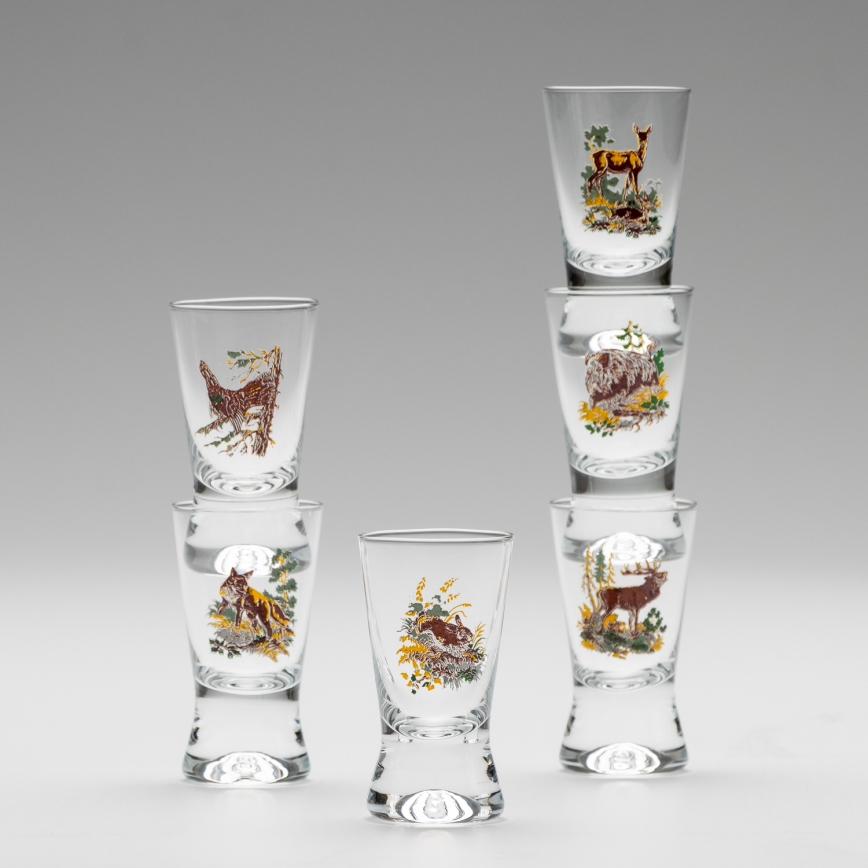 Sæt 6x likørglas m. jagtmotiv