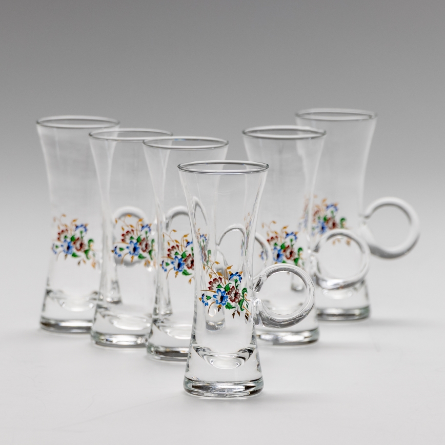 Sæt 6x likørglas med håndtag transparent med buketmotiv no. 2