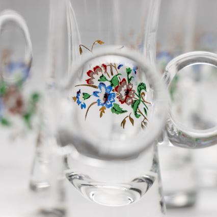 Sæt 6x likørglas med håndtag transparent med buketmotiv no. 2