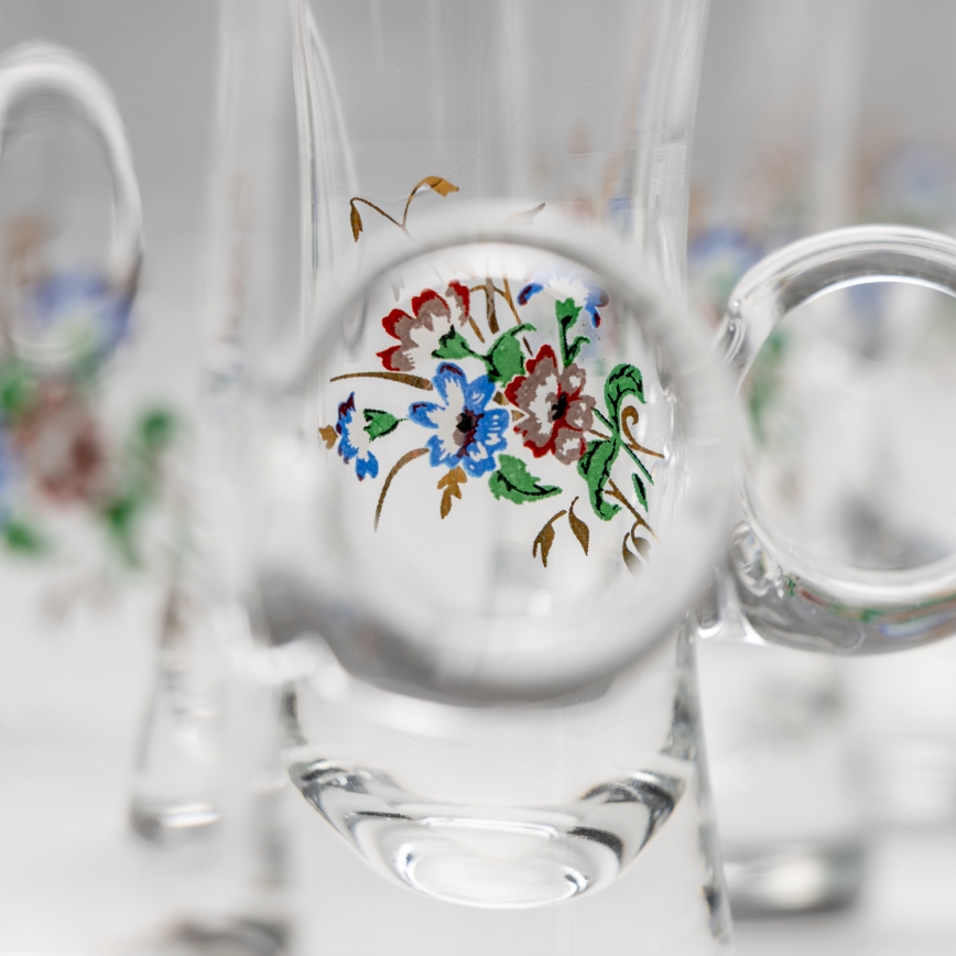 Sæt 6x likørglas med håndtag transparent med buketmotiv no. 2