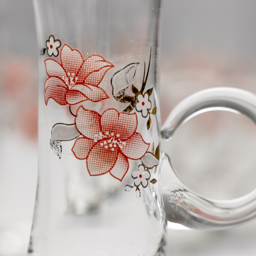 Sæt 6x likørglas med håndtag transparent med buketmotiv no. 4