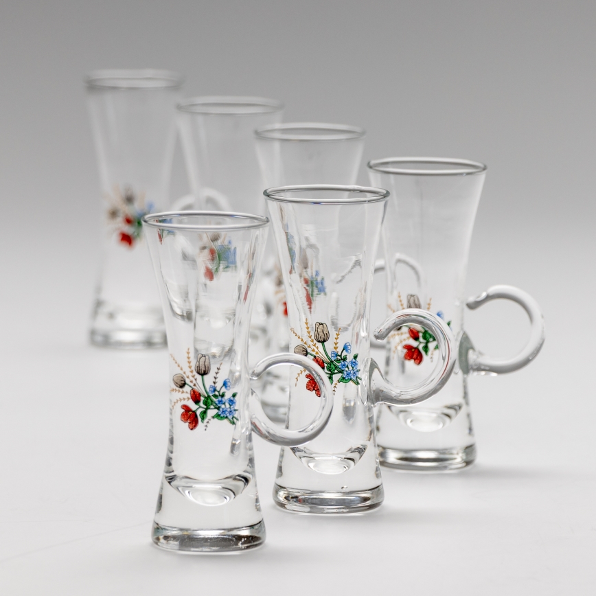 Sæt 6x likørglas med håndtag transparent med buketmotiv no. 5