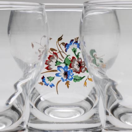 Sæt 6x likørglas transparent - blomstermønster no. 4