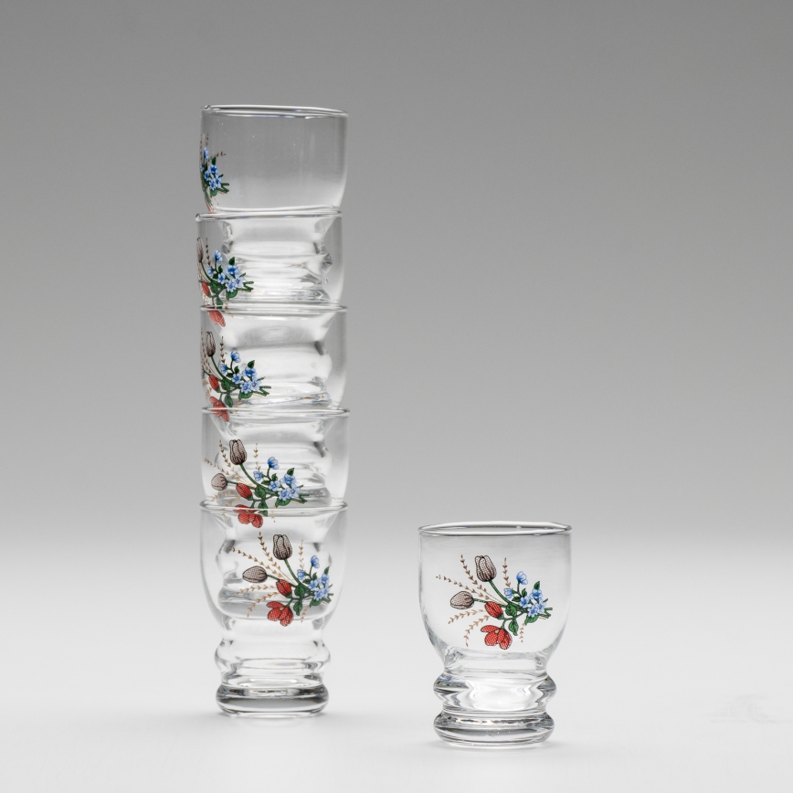 Sæt 6x likørglas transparent - blomstermønster no. 6