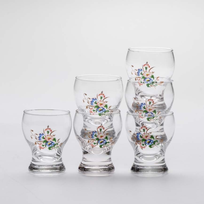 Sæt 6x likørglas transparent - blomstermønster nr. 3