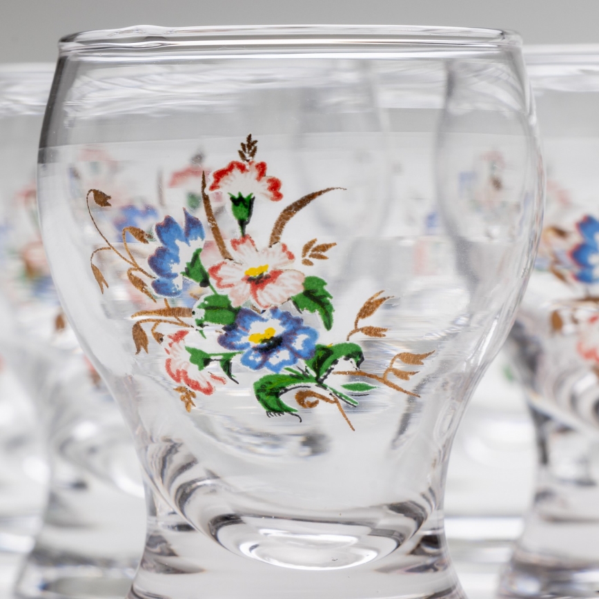 Sæt 6x likørglas transparent - blomstermønster nr. 3