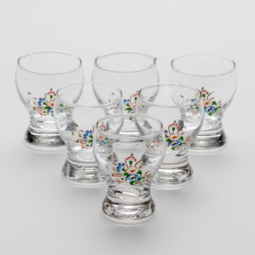 Sæt 6x likørglas transparent - blomstermønster nr. 3