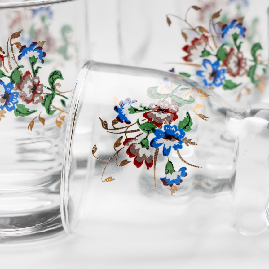 Sæt 6x likørglas transparent - blomstermønster nr. 5