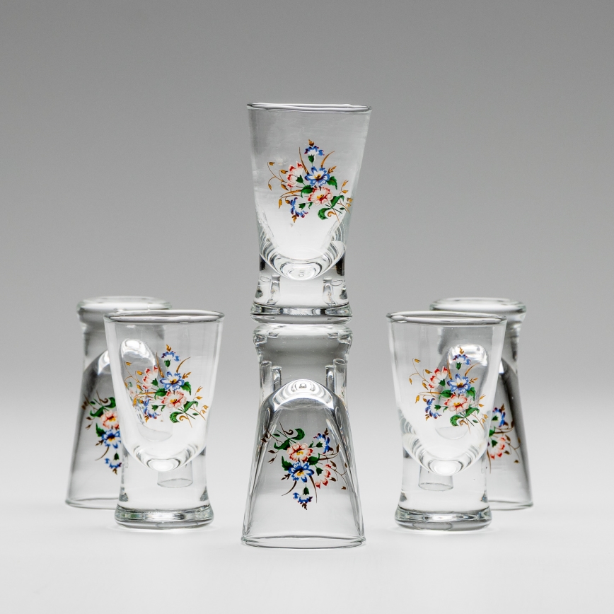 Sæt 6x shotglas transparent med buketmotiv no. 3